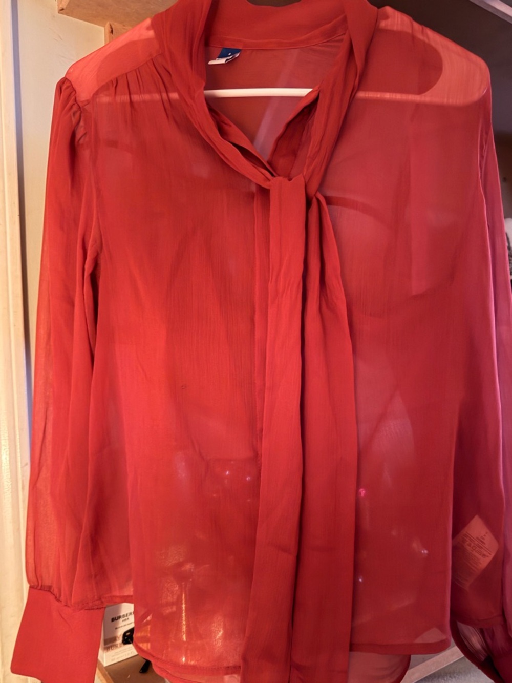 Women's Red Tie-Neck Sheer Blouse - Classic Feminine Top